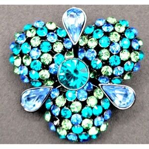 JOAN RIVERS‎ BLUE GREEN RHINESTONES FLORAL BROOCH PIN PENDANT  SIGNED VINTAGE